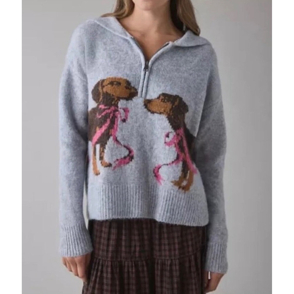 BDG Grey Dachshund Puppy Intarsia Quarter Zip Sailor Collar Sweater Large